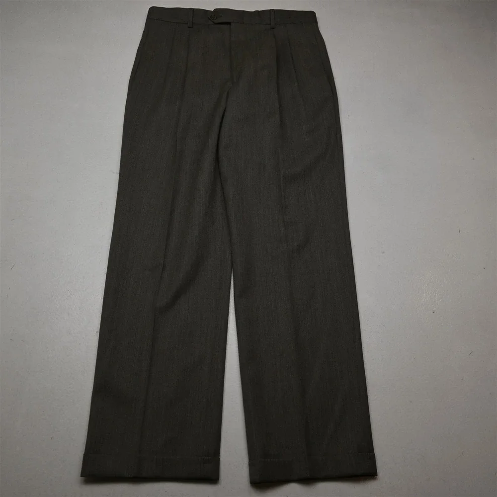 Vtg Mens 31x32 Taupe Gray 100% Wool Pleated Cuffed Baggy High Waist Mens Pants